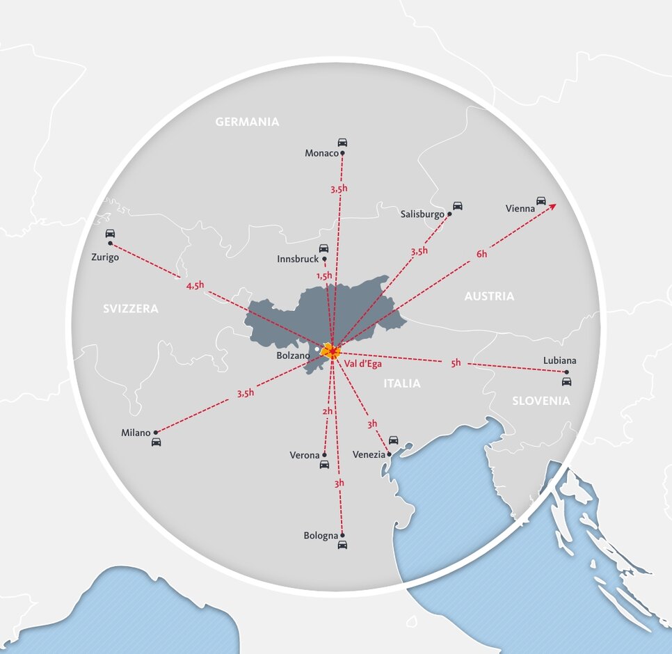 Mappa arrivo in auto e autobusVal d'Ega | © Eggental Tourismus Mappa arrivo in auto e autobus/distanza dalla Val d'Ega | © Eggental Tourismus