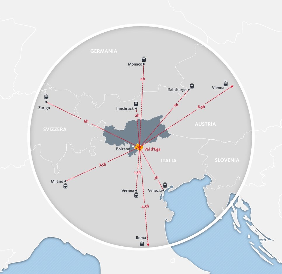 Mappa arrivo in treno/distanza dalla Val d'Ega | © Eggental Tourismus