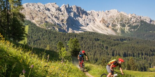 MTB Eggental Dolomiten | © Jens Staudt Mountainbiker Abfahrt Hintergrund Latemar | © Jens Staudt