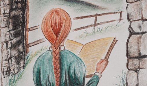 The Singer of Karneid Castle – looking towards the mountains Illustration from the story “The Singer of Karneid Castle” showing a woman looking out through an arch towards the mountain landscape.